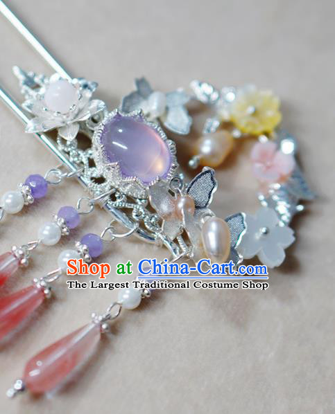 Chinese Ancient Young Lady Argent Hairpin Traditional Ming Dynasty Rose Quartz Hair Stick