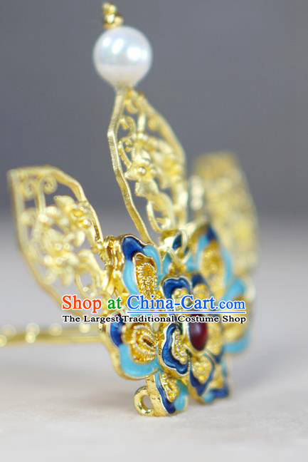 Chinese Ancient Royal Queen Golden Hairpin Traditional Ming Dynasty Blueing Peony Hair Crown