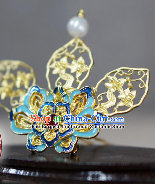 Chinese Ancient Royal Queen Golden Hairpin Traditional Ming Dynasty Blueing Peony Hair Crown