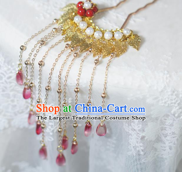 Chinese Ancient Palace Lady Hairpin Traditional Tang Dynasty Golden Leaf Tassel Hair Stick