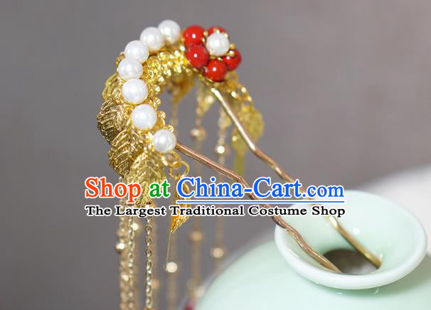 Chinese Ancient Palace Lady Hairpin Traditional Tang Dynasty Golden Leaf Tassel Hair Stick