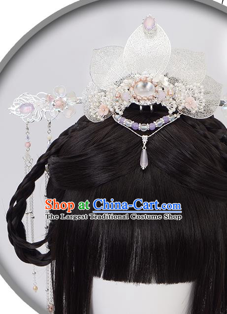Chinese Ancient Princess Argent Hair Accessories Traditional Ming Dynasty Hair Crown and Tassel Hairpins Full Set