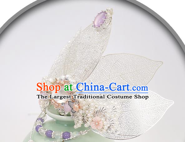 Chinese Ancient Princess Argent Hair Accessories Traditional Ming Dynasty Hair Crown and Tassel Hairpins Full Set