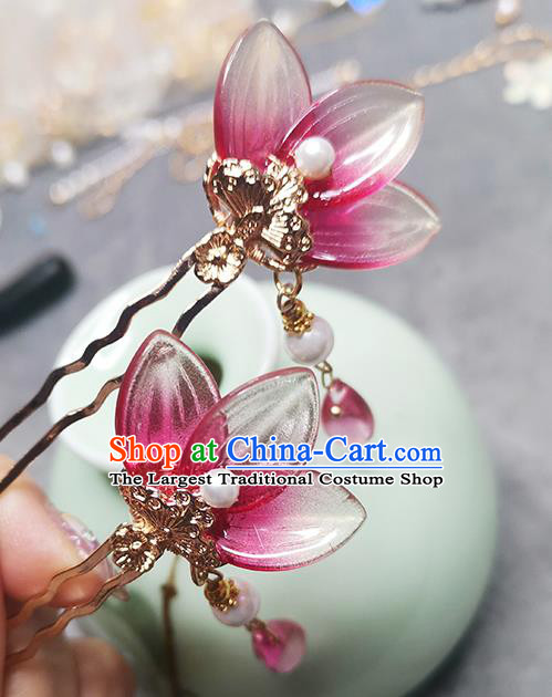 Chinese Ancient Young Lady Red Flower Hairpin Traditional Ming Dynasty Tassel Hair Stick