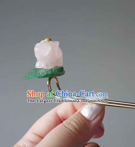 Chinese Ancient Princess Hairpin Hair Accessories Traditional Ming Dynasty Rose Quartz Rabbit Hair Stick