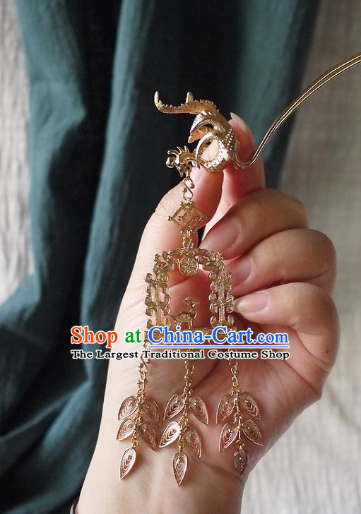 Chinese Ancient Queen Golden Phoenix Hairpin Hair Accessories Traditional Ming Dynasty Empress Tassel Hair Stick