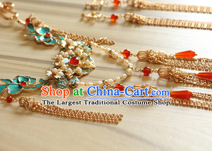 Chinese Traditional Wedding Golden Tassel Necklace Ancient Ming Dynasty Noble Lady Pearls Necklet