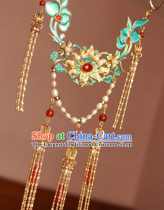 Chinese Traditional Wedding Golden Tassel Necklace Ancient Ming Dynasty Noble Lady Pearls Necklet