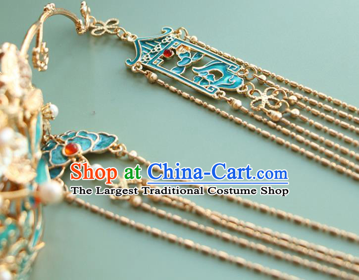 China Ancient Bride Blueing Phoenix Coronet Traditional Wedding Hair Accessories Ming Dynasty Tassel Agate Hair Crown