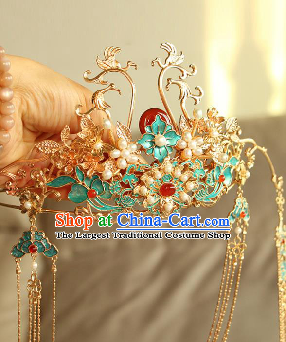China Ancient Bride Blueing Phoenix Coronet Traditional Wedding Hair Accessories Ming Dynasty Tassel Agate Hair Crown