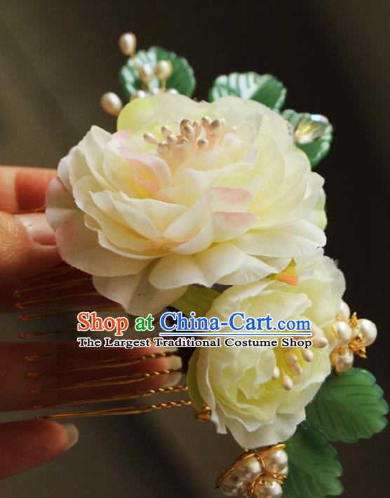 China Ancient Court Lady Hairpin Traditional Hanfu Hair Accessories Tang Dynasty Yellow Silk Peony Hair Comb