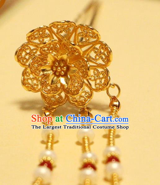 China Ancient Court Woman Golden Peony Hairpin Traditional Hanfu Hair Accessories Tang Dynasty Pearls Tassel Hair Stick