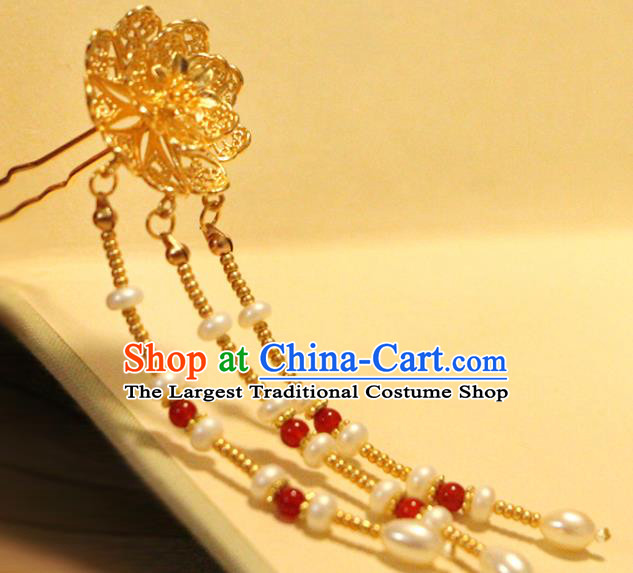 China Ancient Court Woman Golden Peony Hairpin Traditional Hanfu Hair Accessories Tang Dynasty Pearls Tassel Hair Stick