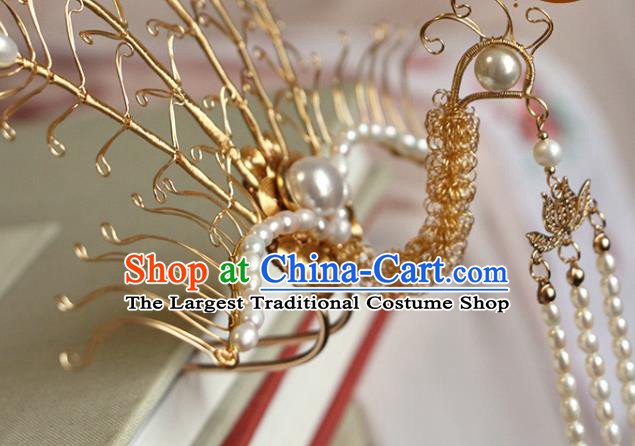 China Ancient Empress Golden Phoenix Hairpin Traditional Hanfu Hair Accessories Ming Dynasty Pearls Tassel Hair Stick