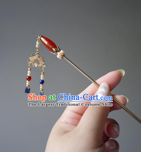 Chinese Ancient Court Woman Agate Hairpin Hair Accessories Traditional Ming Dynasty Empress Pearls Tassel Hair Stick