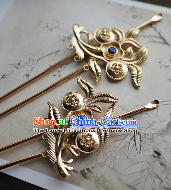 Chinese Ancient Noble Lady Lapis Hairpin Hair Accessories Traditional Song Dynasty Princess Golden Hair Stick