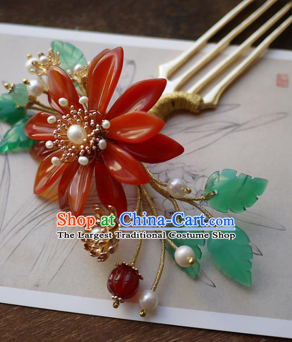 Chinese Ancient Imperial Concubine Hairpin Hair Accessories Traditional Qing Dynasty Agate Chrysanthemum Hair Comb
