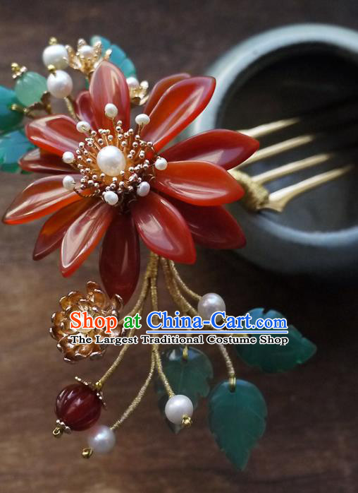 Chinese Ancient Imperial Concubine Hairpin Hair Accessories Traditional Qing Dynasty Agate Chrysanthemum Hair Comb