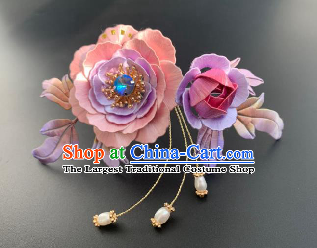 China Ancient Imperial Concubine Hairpin Traditional Hanfu Hair Accessories Ming Dynasty Pink Silk Peony Hair Comb