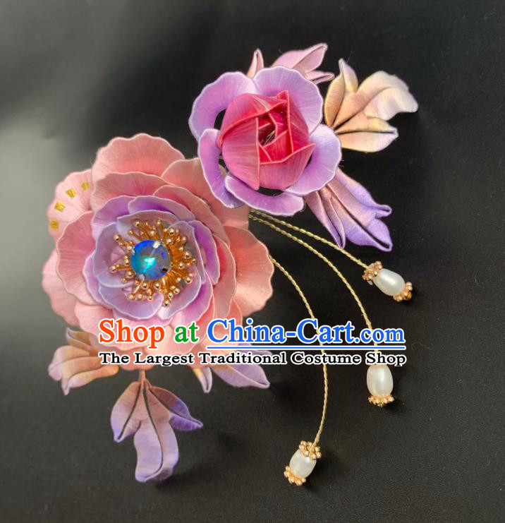 China Ancient Imperial Concubine Hairpin Traditional Hanfu Hair Accessories Ming Dynasty Pink Silk Peony Hair Comb