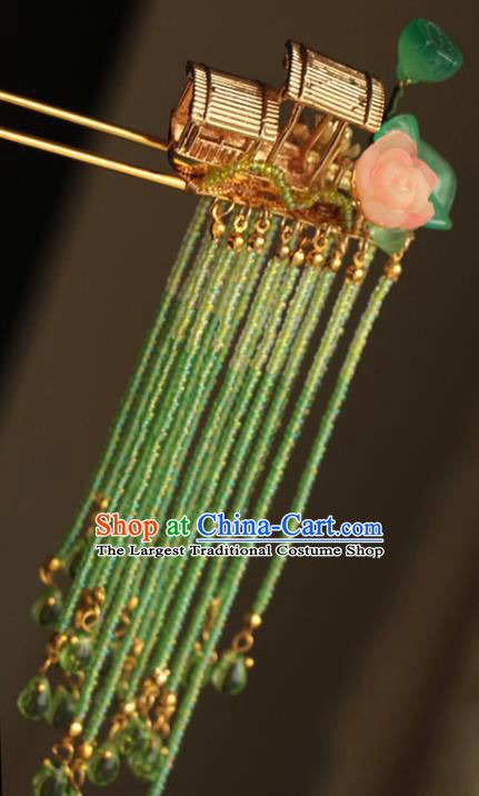 China Ancient Princess Green Beads Tassel Lotus Hairpin Traditional Hanfu Hair Accessories Song Dynasty Golden Boat Hair Stick
