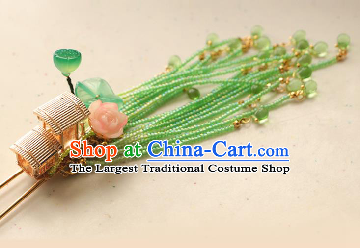 China Ancient Princess Green Beads Tassel Lotus Hairpin Traditional Hanfu Hair Accessories Song Dynasty Golden Boat Hair Stick