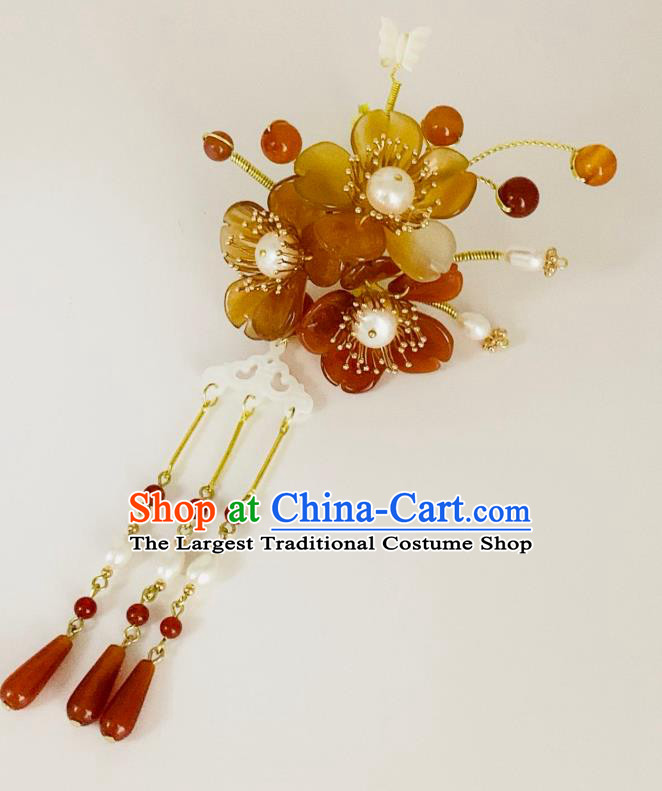 China Ancient Princess Tassel Hairpin Traditional Hanfu Hair Accessories Ming Dynasty Red Plum Blossom Hair Claw