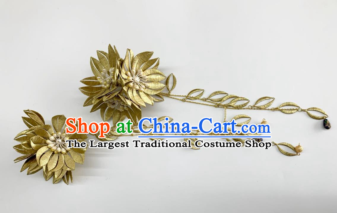 China Handmade Golden Silk Chrysanthemum Hairpin Traditional Hanfu Hair Accessories Ancient Song Dynasty Princess Hair Claw