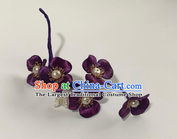 China Handmade Purple Silk Phalaenopsis Hairpin Traditional Hanfu Hair Accessories Ancient Song Dynasty Pearls Shell Butterfly Hair Stick