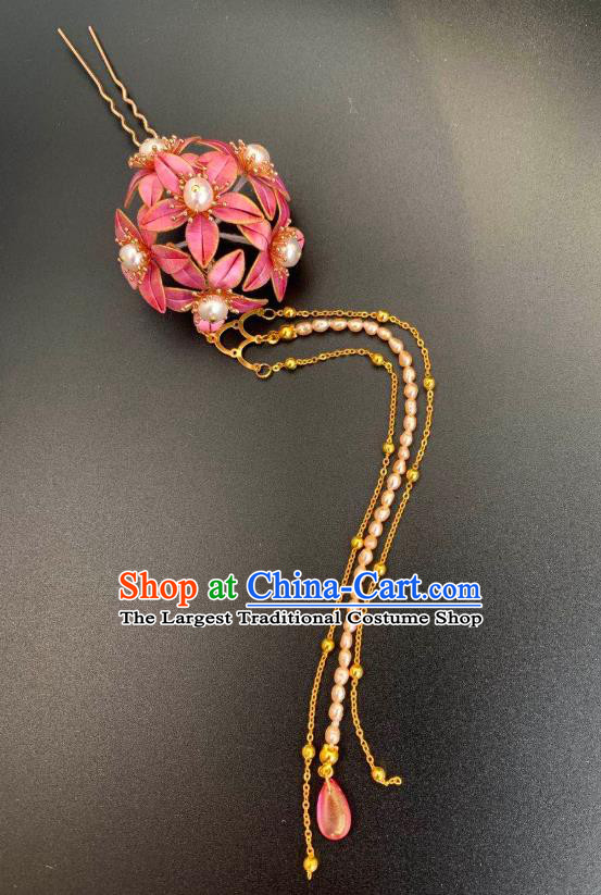 China Handmade Pearls Tassel Hairpin Traditional Hanfu Hair Accessories Ancient Tang Dynasty Princess Pink Silk Hydrangea Hair Stick