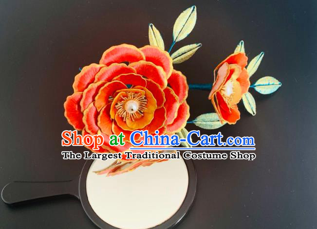 China Handmade Red Silk Peony Hairpin Traditional Hanfu Hair Accessories Ancient Tang Dynasty Court Beauty Hair Comb