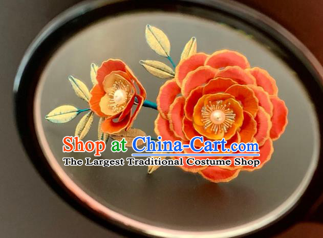 China Handmade Red Silk Peony Hairpin Traditional Hanfu Hair Accessories Ancient Tang Dynasty Court Beauty Hair Comb
