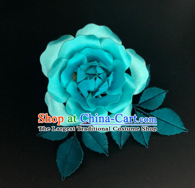 China Handmade Blue Silk Rose Hairpin Traditional Hanfu Hair Accessories Ancient Tang Dynasty Court Lady Hair Stick