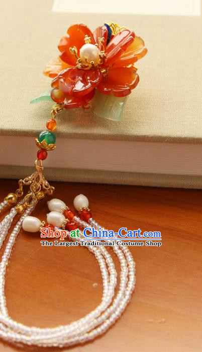 China Ancient Princess Agate Peony Hairpin Traditional Hanfu Hair Accessories Ming Dynasty Beads Tassel Hair Claw