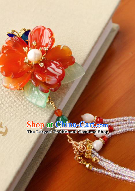 China Ancient Princess Agate Peony Hairpin Traditional Hanfu Hair Accessories Ming Dynasty Beads Tassel Hair Claw