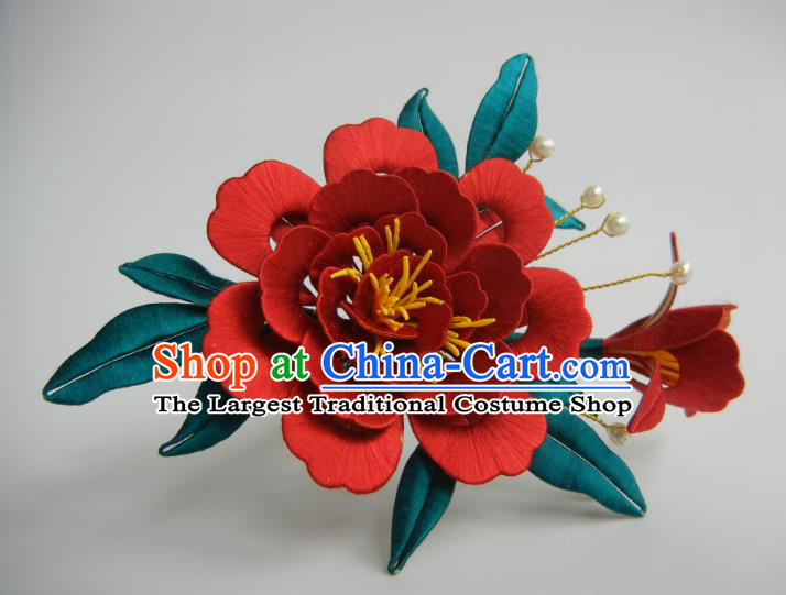 China Handmade Red Peony Hairpin Traditional Hanfu Hair Accessories Ancient Song Dynasty Court Lady Hair Comb