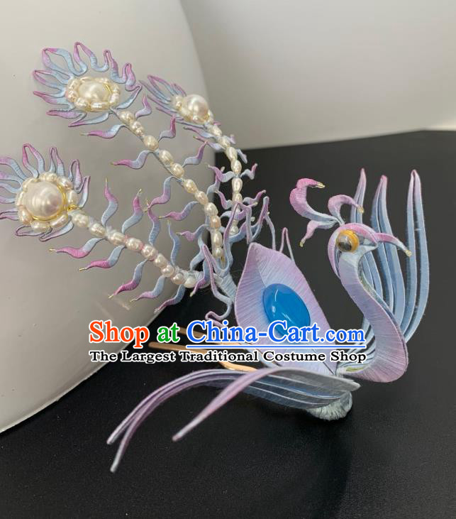 China Handmade Lilac Silk Phoenix Hairpin Traditional Hanfu Hair Accessories Ancient Ming Dynasty Princess Pearls Hair Crown