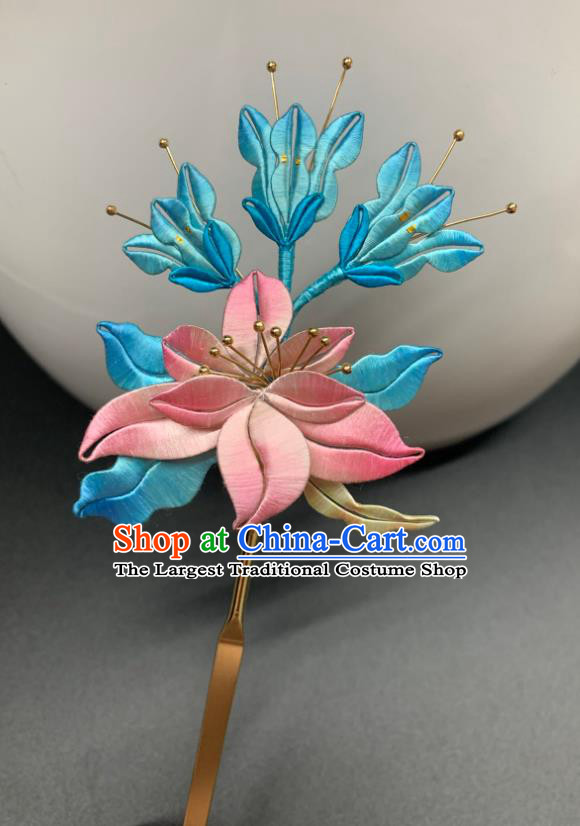 China Handmade Silk Lotus Hairpin Traditional Hanfu Hair Accessories Ancient Ming Dynasty Palace Lady Hair Stick