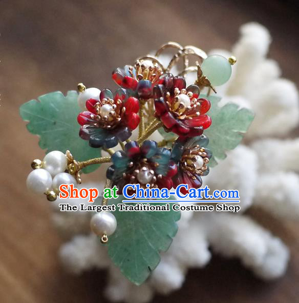 Chinese Ancient Court Beauty Jade Leaf Hairpin Hair Accessories Traditional Ming Dynasty Flowers Hair Stick