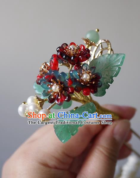 Chinese Ancient Court Beauty Jade Leaf Hairpin Hair Accessories Traditional Ming Dynasty Flowers Hair Stick