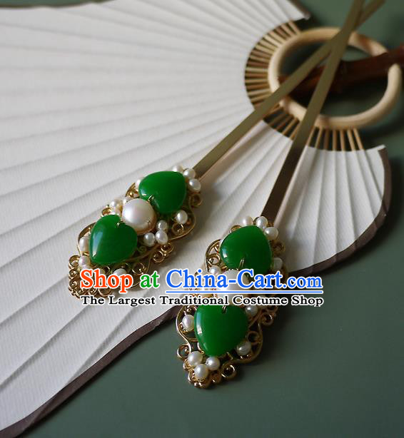 Chinese Ancient Noble Woman Jade Hairpin Hair Accessories Traditional Ming Dynasty Pearls Hair Stick