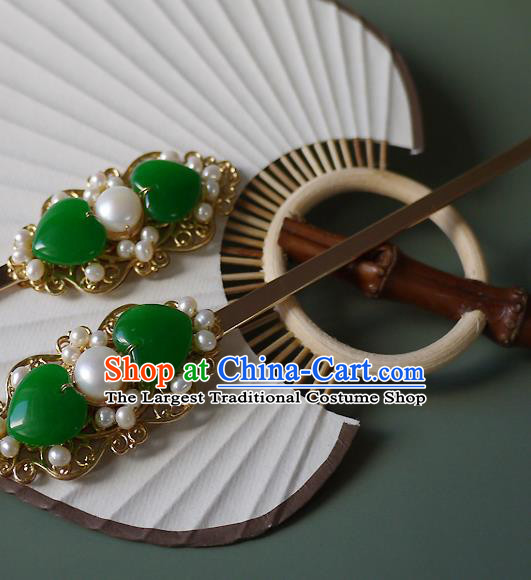 Chinese Ancient Noble Woman Jade Hairpin Hair Accessories Traditional Ming Dynasty Pearls Hair Stick