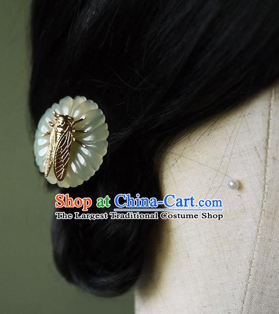 Chinese Ancient Princess Golden Cicada Hairpin Hair Accessories Traditional Song Dynasty Jade Flower Hair Stick