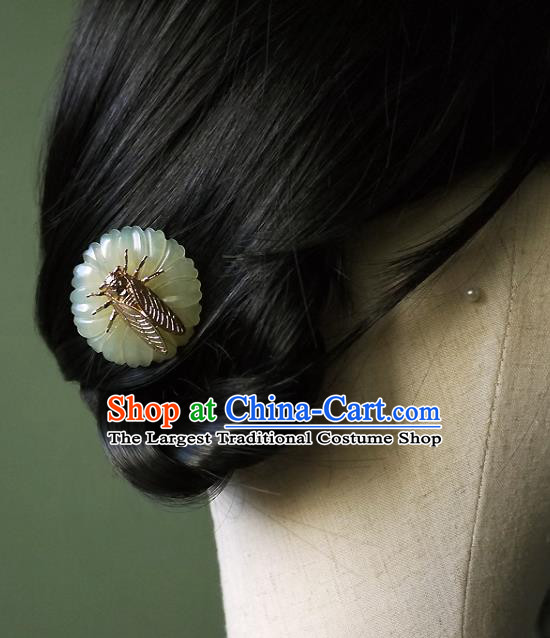 Chinese Ancient Princess Golden Cicada Hairpin Hair Accessories Traditional Song Dynasty Jade Flower Hair Stick