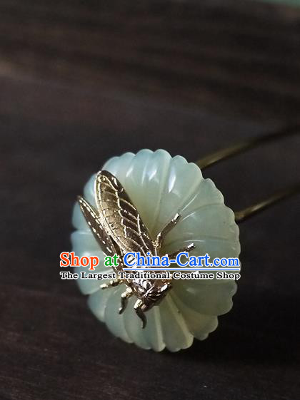 Chinese Ancient Princess Golden Cicada Hairpin Hair Accessories Traditional Song Dynasty Jade Flower Hair Stick