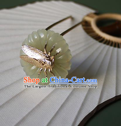 Chinese Ancient Princess Golden Cicada Hairpin Hair Accessories Traditional Song Dynasty Jade Flower Hair Stick