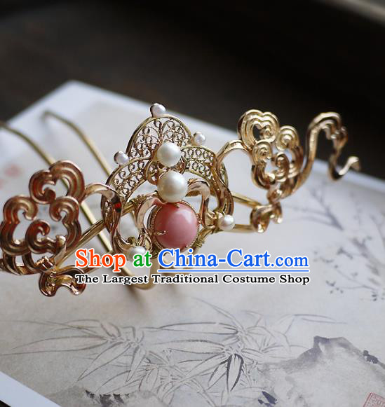 Chinese Ancient Queen Golden Hairpin Hair Accessories Traditional Tang Dynasty Empress Pearls Hair Crown