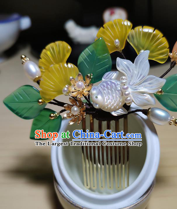 Chinese Ancient Princess Jade Ginkgo Leaf Hairpin Hair Accessories Traditional Song Dynasty Shell Goldfish Hair Comb