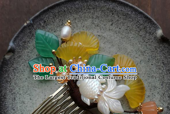 Chinese Ancient Princess Jade Ginkgo Leaf Hairpin Hair Accessories Traditional Song Dynasty Shell Goldfish Hair Comb