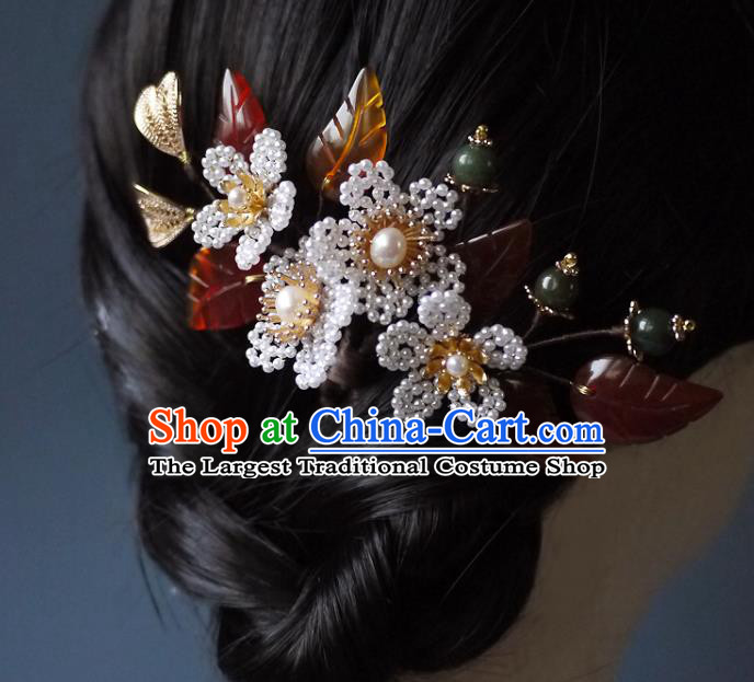Chinese Ancient Court Beauty Pearls Flowers Hairpin Hair Accessories Traditional Song Dynasty Agate Leaf Hair Comb